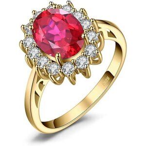 Yellow Gold Plated-Created Ruby Princess Diana Class Birthstone Halo Ring